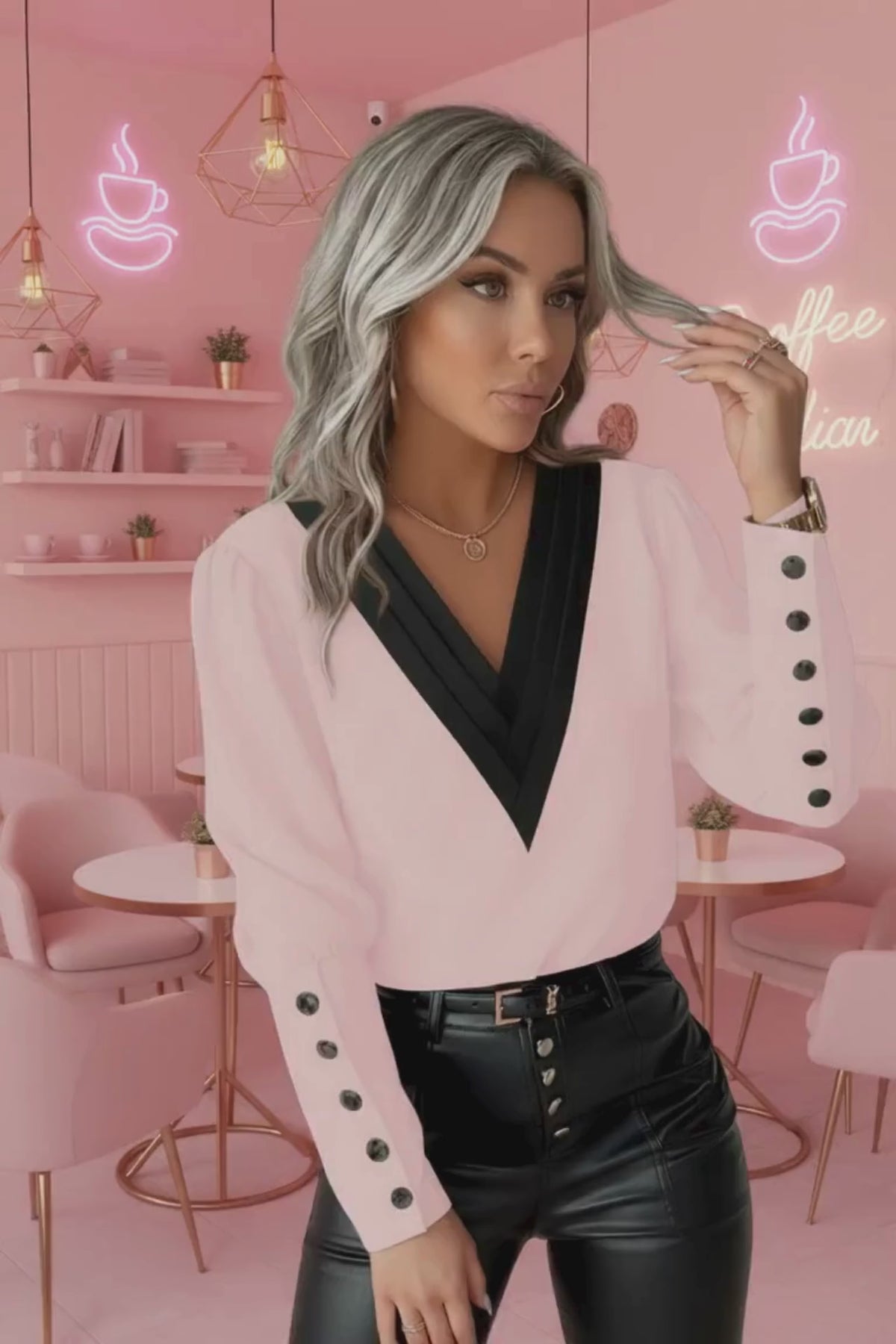 PINKLIZZIE | V-Neck Long Sleeve Button Blouse