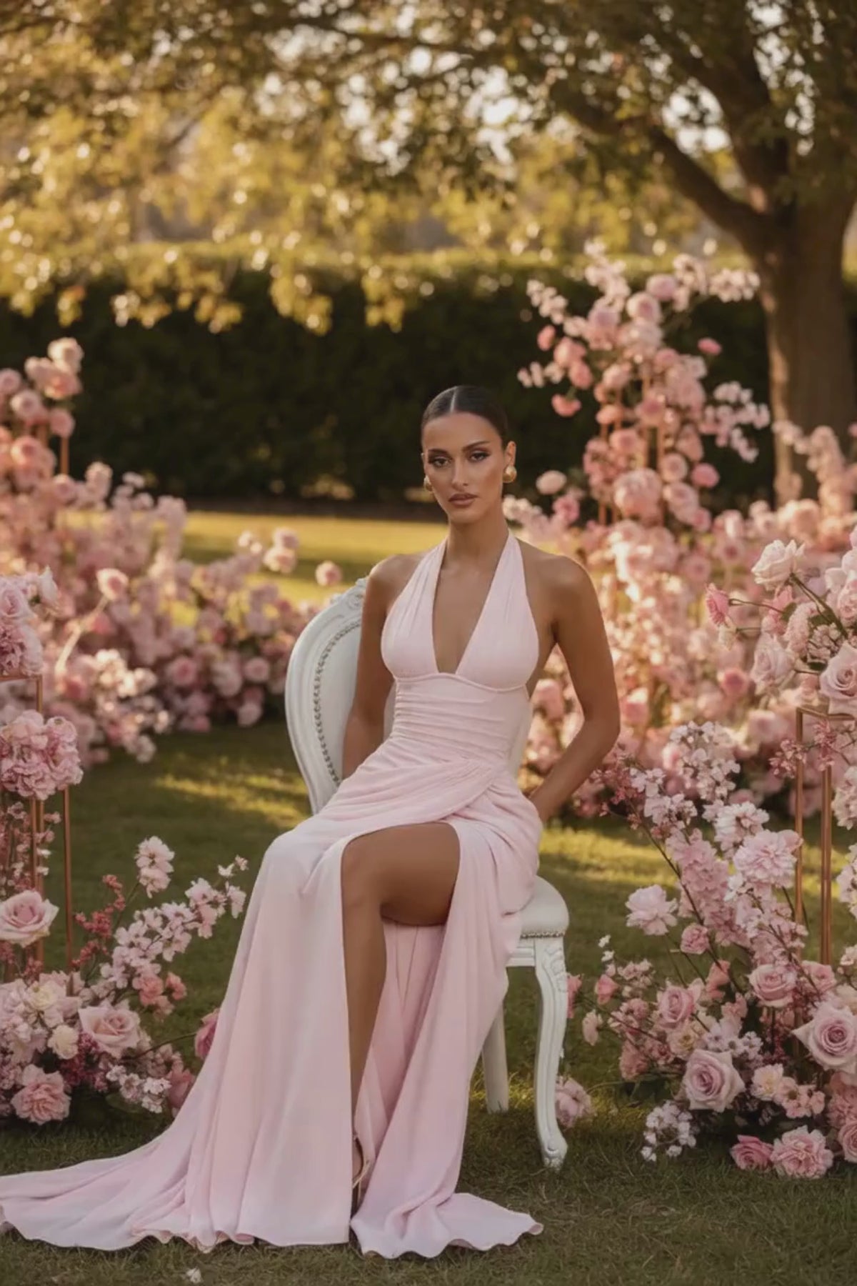 PINKLIZZIE | Halter Split Pleated Maxi Dress