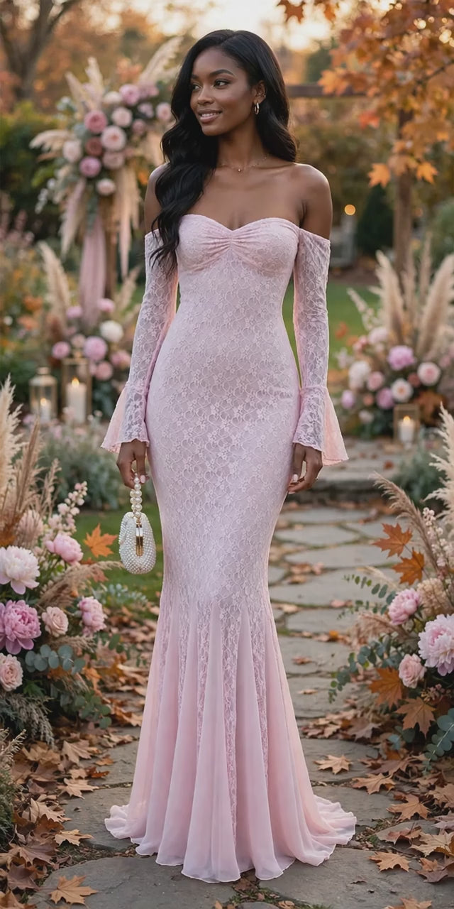 PINKLIZZIE | French Lace Long-Sleeve Pink Maxi Dress