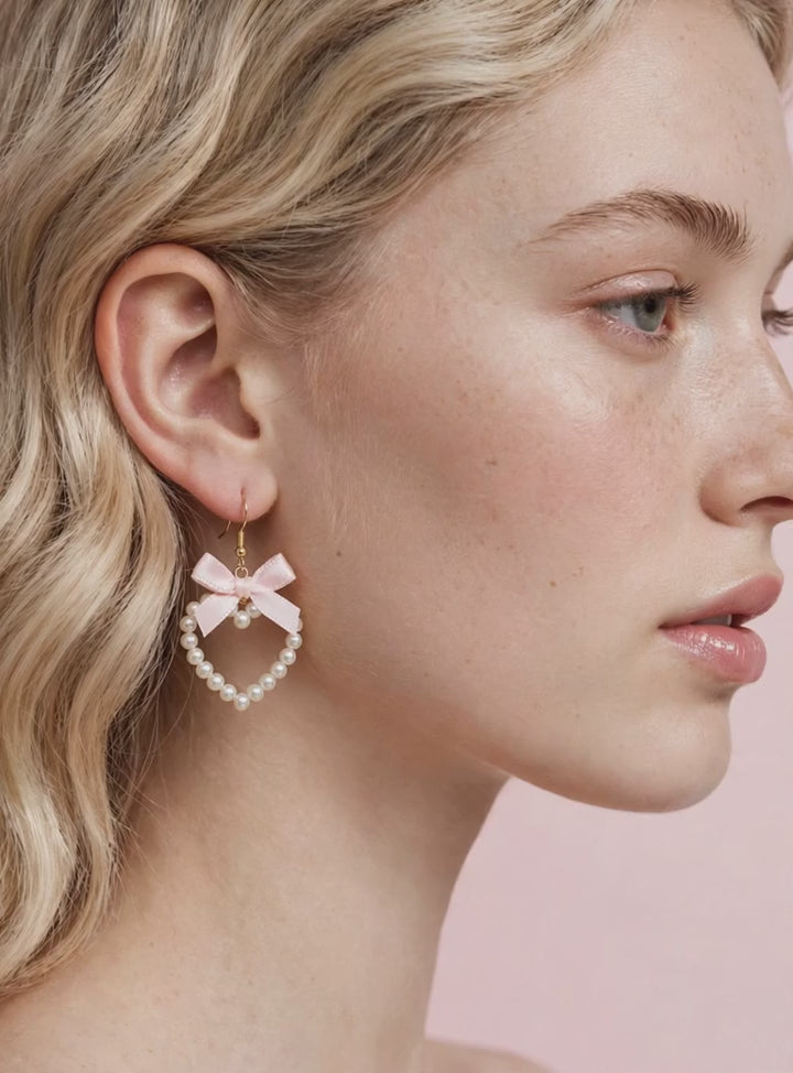 PINKLIZZIE | Pink Heart Bow Pearl Drop Earrings