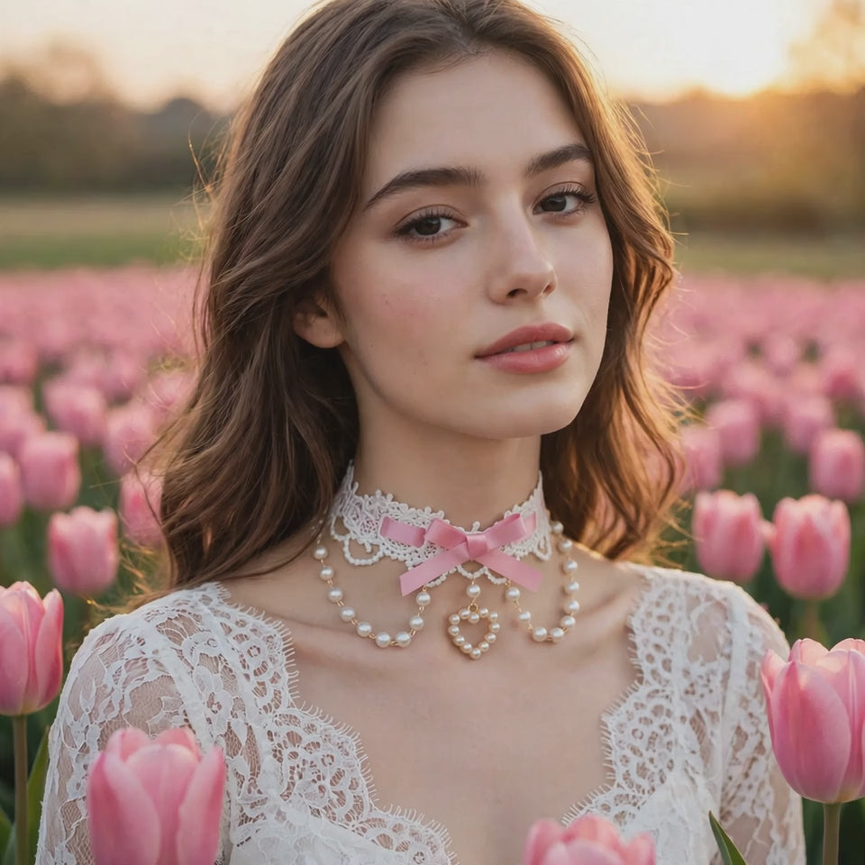 PINKLIZZIE | Pearl Lace Ribbon Bow Choker