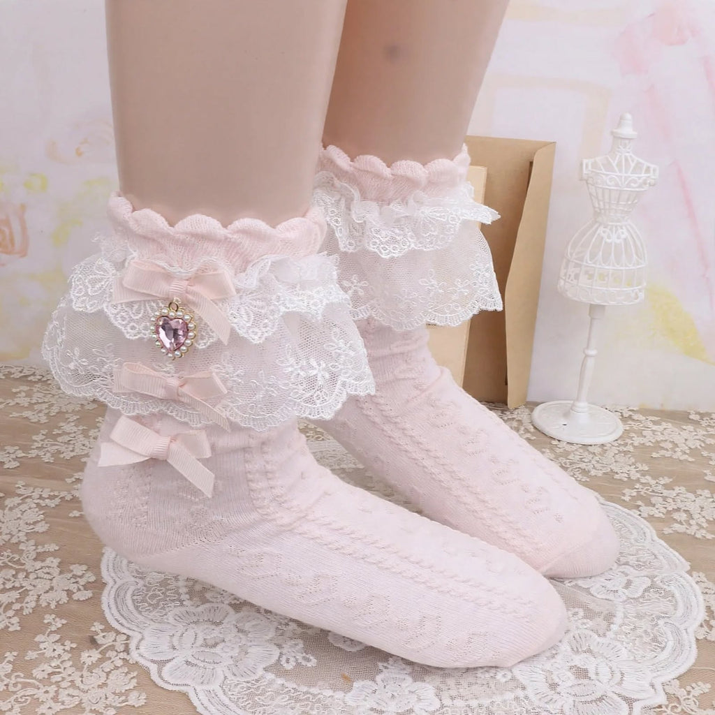 PINKLIZZIE | Handmade Layered Lace Bow Ankle Socks