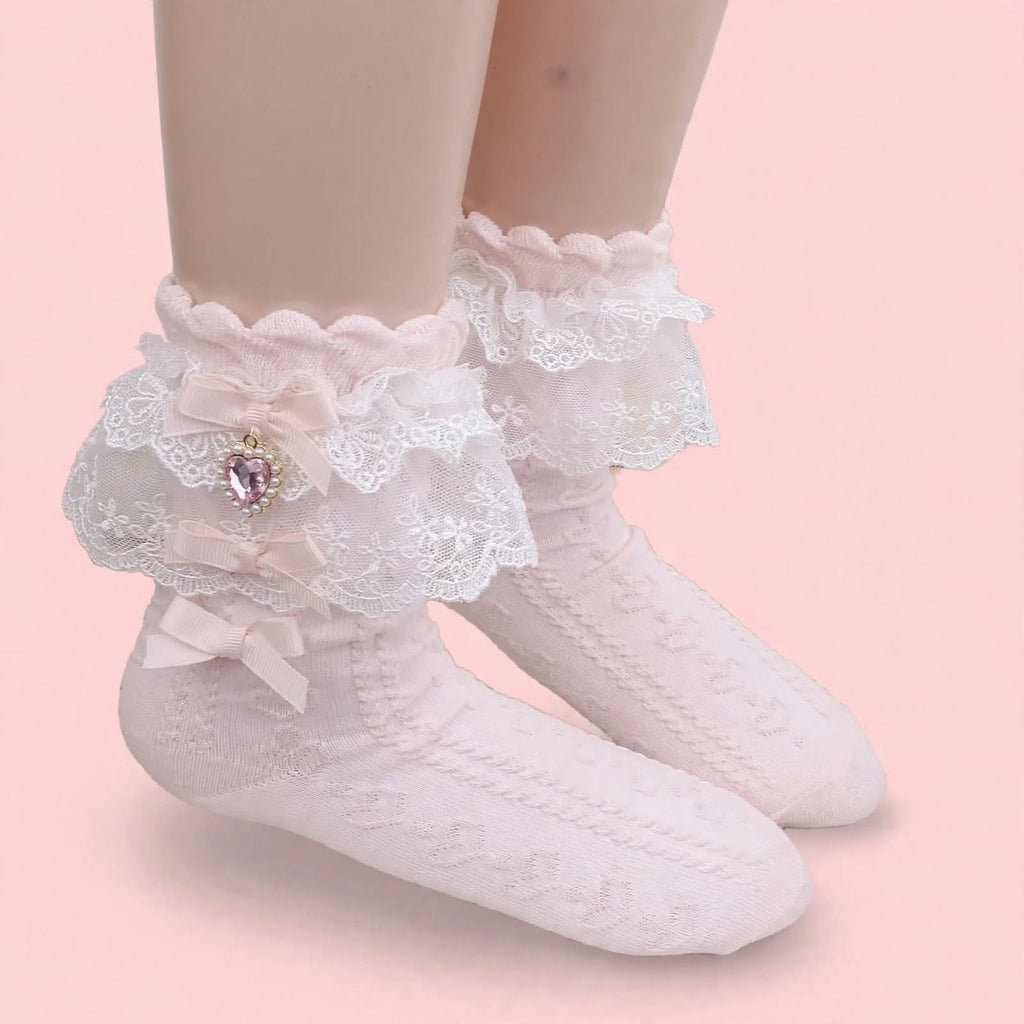 PINKLIZZIE | Handmade Layered Lace Bow Ankle Socks