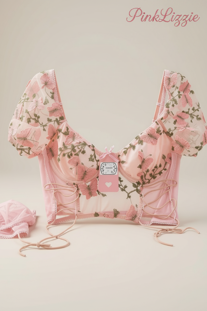 Sheer Floral Puff-Sleeve Bralette & Knicker Set