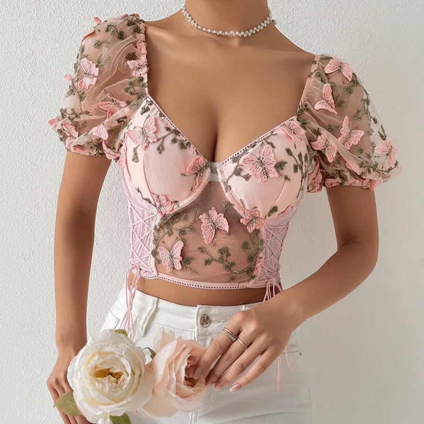 Sheer Floral Puff-Sleeve Bralette & Knicker Set