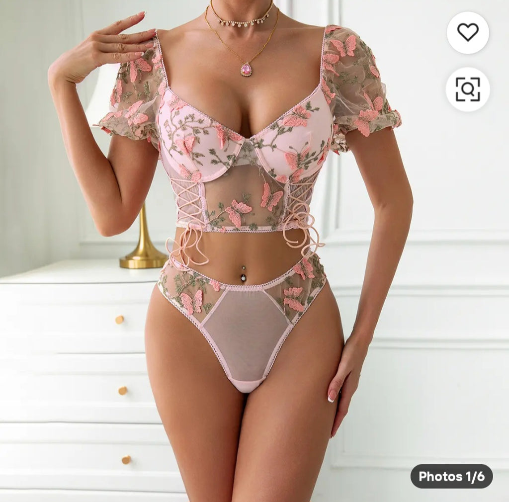 Sheer Floral Puff-Sleeve Bralette & Knicker Set