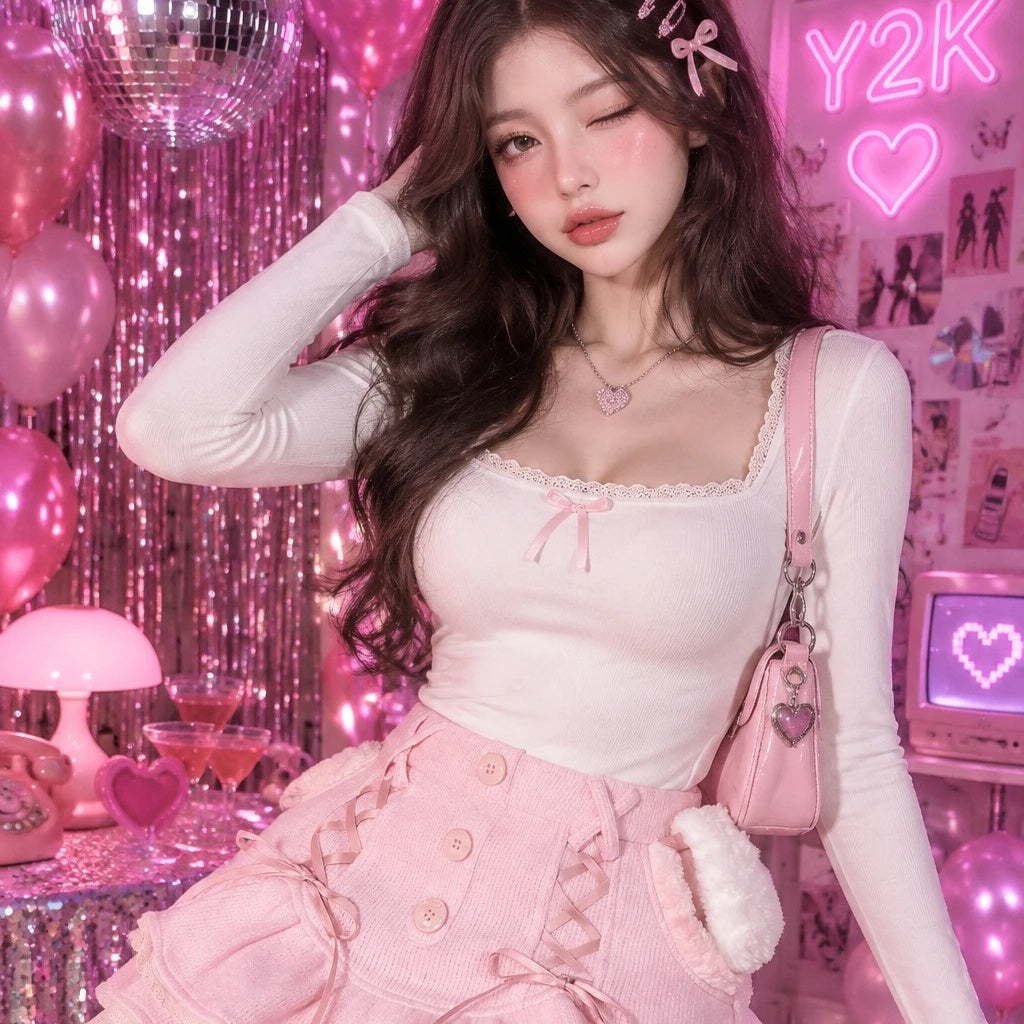 PINKLIZZIE | Lace Trim High-Waist Mini Skirt