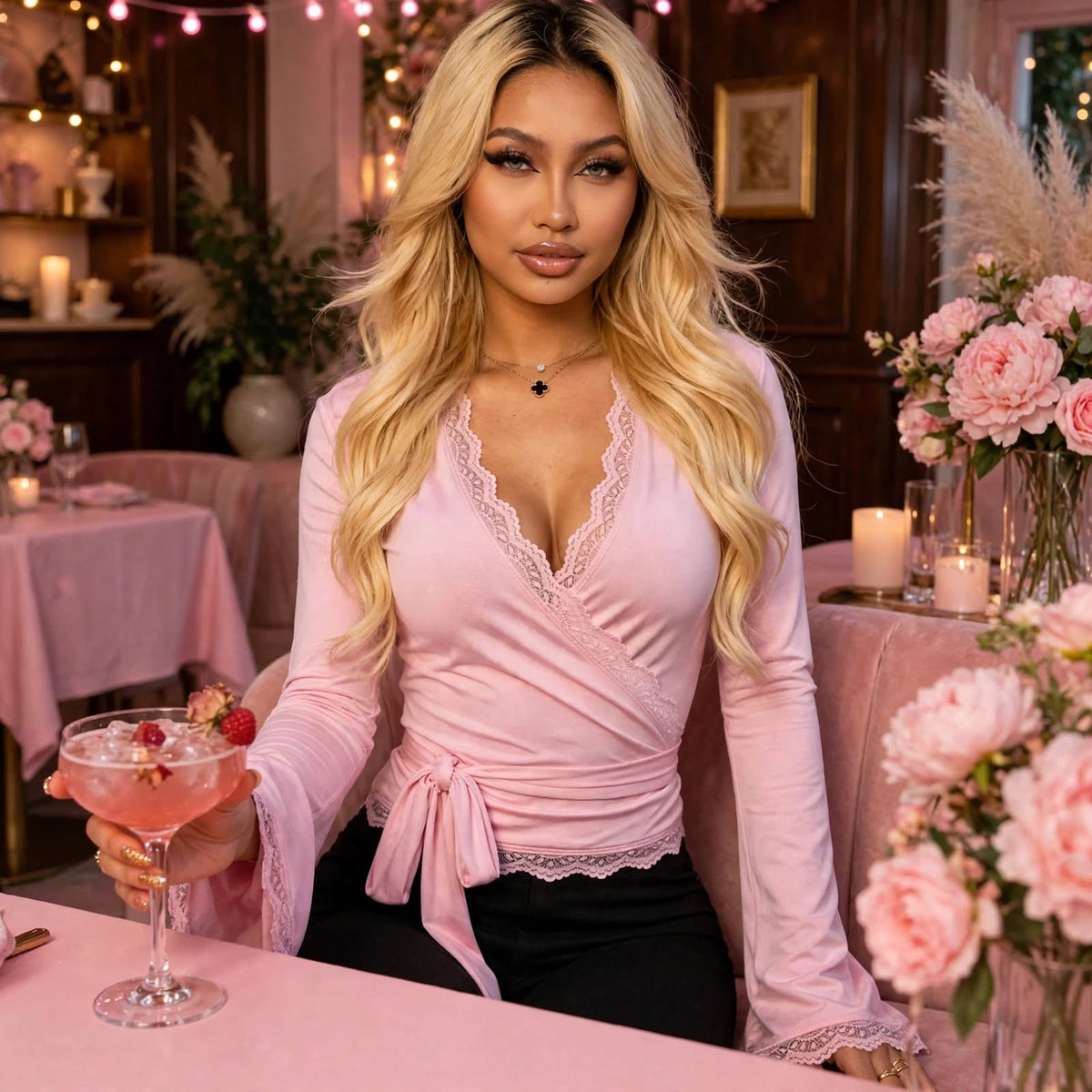 PINKLIZZIE | Lace-Trim Wrap Flare-Sleeve Crop Top