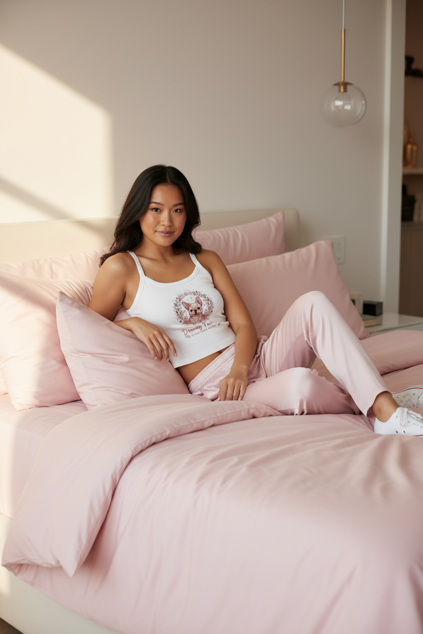 Cute Pink French Bulldog Pyjama Vest for Women | Cute Sleepwear Top by PinkLizzie